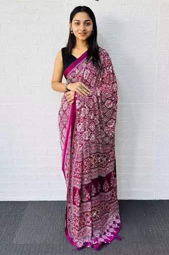 Wine Color  Heavy Mirror Work with Elegant Latkan Pallu Border Work Satin Saree