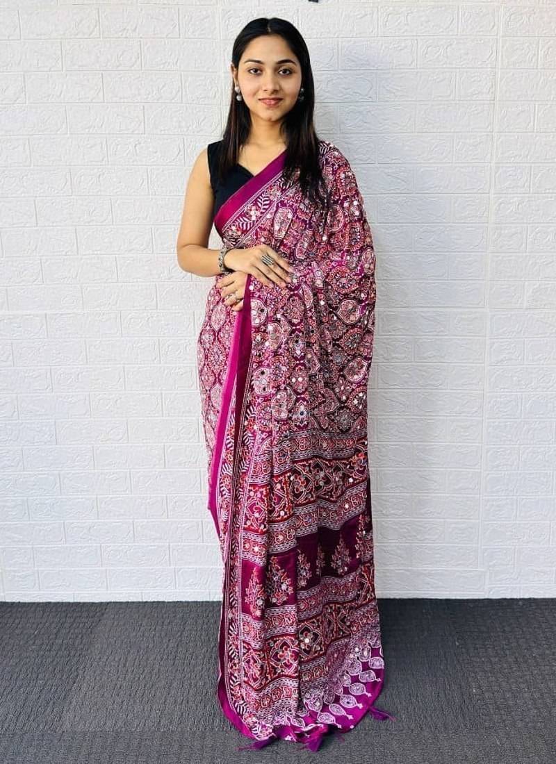 Wine Color  Heavy Mirror Work with Elegant Latkan Pallu Border Work Satin Saree