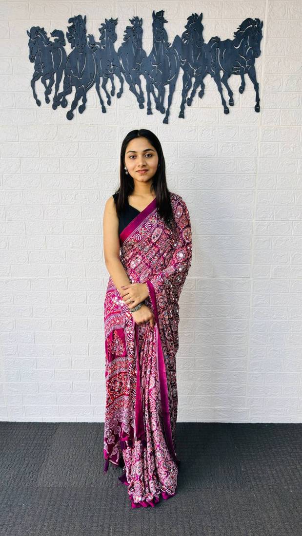 Wine Color  Heavy Mirror Work with Elegant Latkan Pallu Border Work Satin Saree