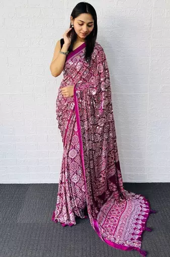 Wine Color  Heavy Mirror Work with Elegant Latkan Pallu Border Work Satin Saree