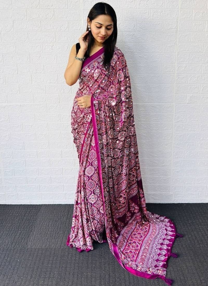 Wine Color  Heavy Mirror Work with Elegant Latkan Pallu Border Work Satin Saree