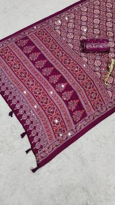 Wine Color  Heavy Mirror Work with Elegant Latkan Pallu Border Work Satin Saree 5