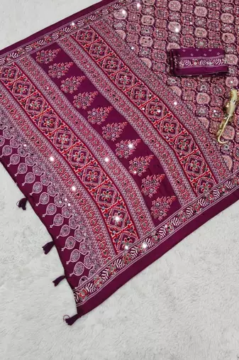 Wine Color  Heavy Mirror Work with Elegant Latkan Pallu Border Work Satin Saree