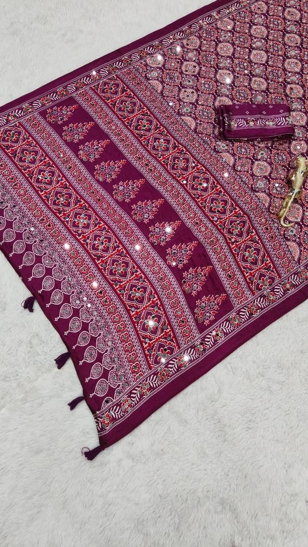 Wine Color  Heavy Mirror Work with Elegant Latkan Pallu Border Work Satin Saree