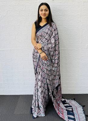 Black Color Mirror And  Latkan Pallu Border Work Satin Saree 1
