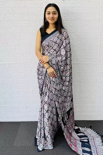 Black Color Mirror And  Latkan Pallu Border Work Satin Saree