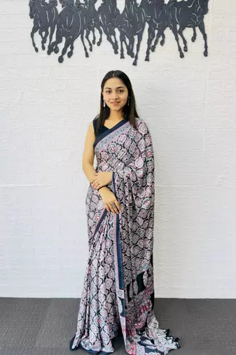 Black Color Mirror And  Latkan Pallu Border Work Satin Saree