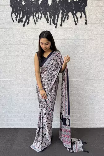 Black Color Mirror And  Latkan Pallu Border Work Satin Saree