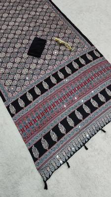 Black Color Mirror And  Latkan Pallu Border Work Satin Saree 5