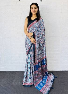Blue Color Mirror And  Latkan Pallu Border Work Satin Saree 1
