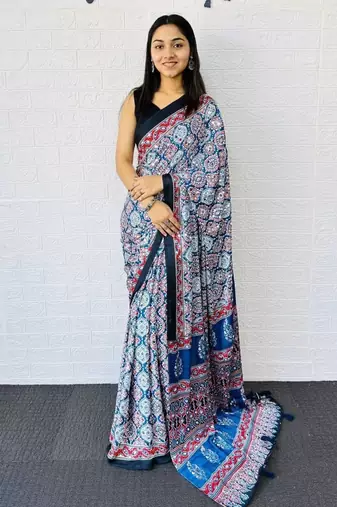 Blue Color Mirror And  Latkan Pallu Border Work Satin Saree