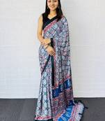 Blue Color Mirror And  Latkan Pallu Border Work Satin Saree