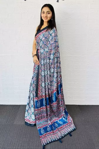 Blue Color Mirror And  Latkan Pallu Border Work Satin Saree