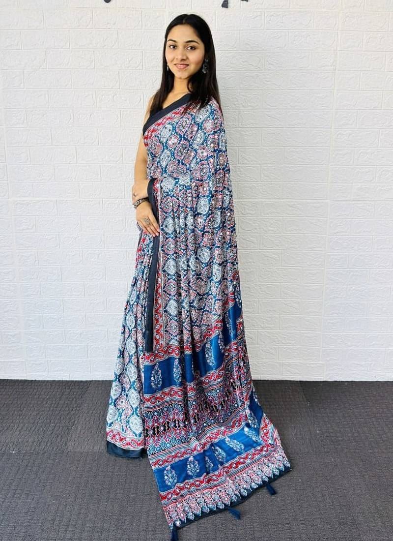 Blue Color Mirror And  Latkan Pallu Border Work Satin Saree