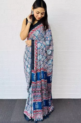 Blue Color Mirror And  Latkan Pallu Border Work Satin Saree