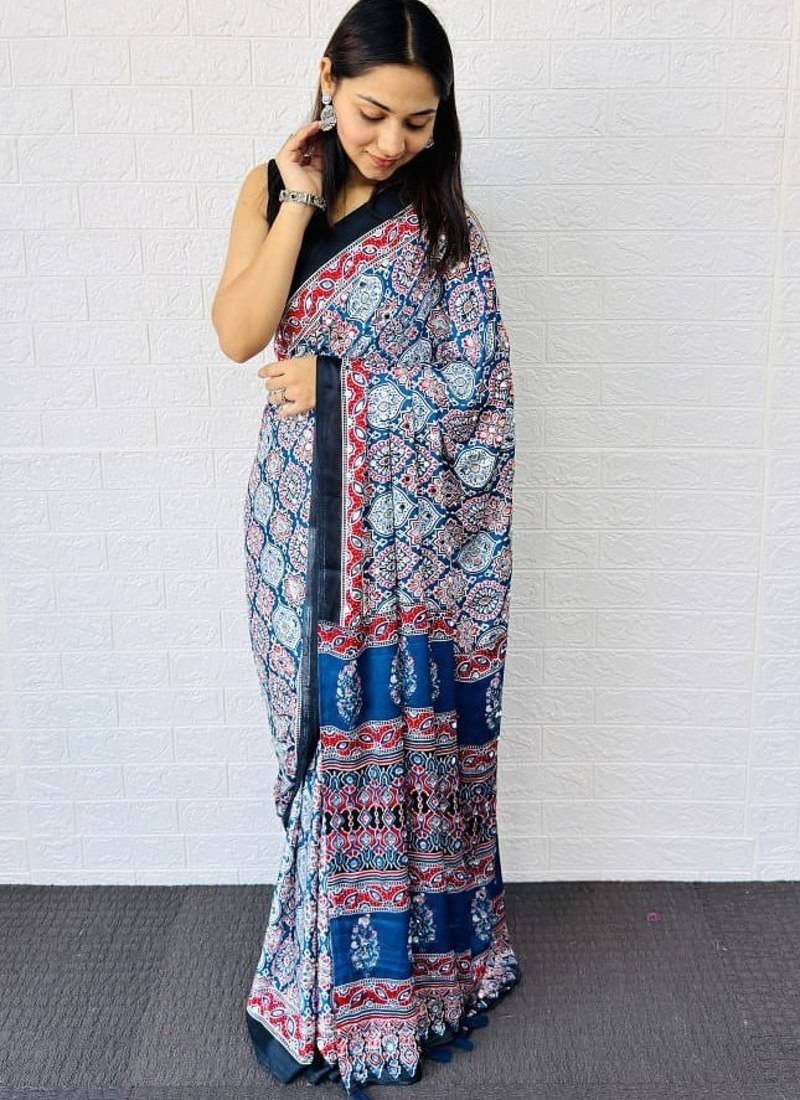 Blue Color Mirror And  Latkan Pallu Border Work Satin Saree