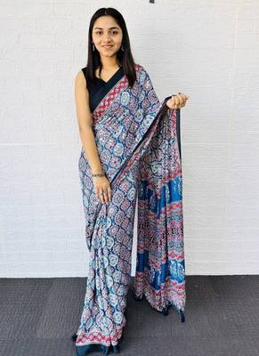 Blue Color Mirror And  Latkan Pallu Border Work Satin Saree 4