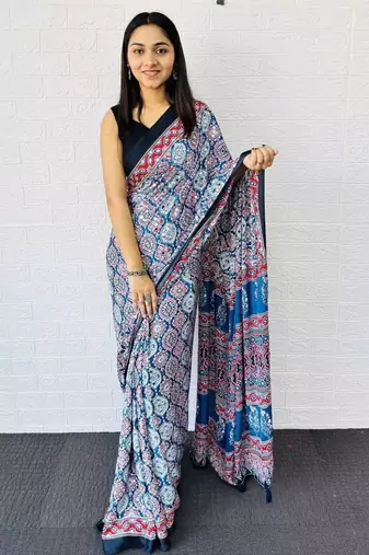Blue Color Mirror And  Latkan Pallu Border Work Satin Saree