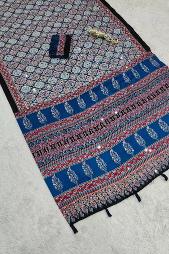Blue Color Mirror And  Latkan Pallu Border Work Satin Saree