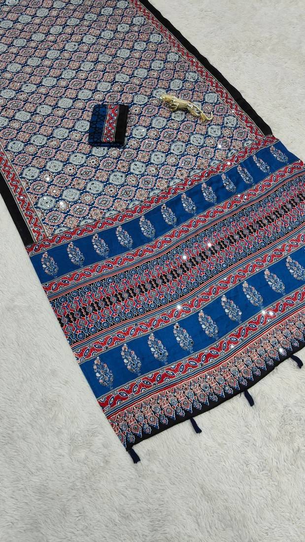 Blue Color Mirror And  Latkan Pallu Border Work Satin Saree