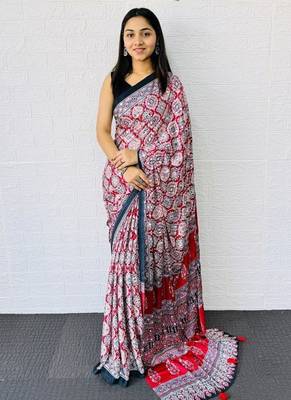 Red Color Mirror And  Latkan Pallu Border Work Satin Saree 1
