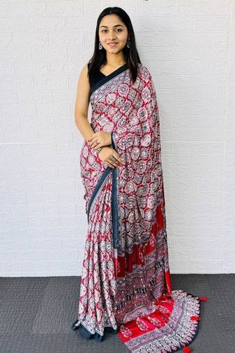 Red Color Mirror And  Latkan Pallu Border Work Satin Saree