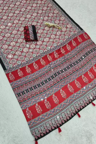 Red Color Mirror And  Latkan Pallu Border Work Satin Saree