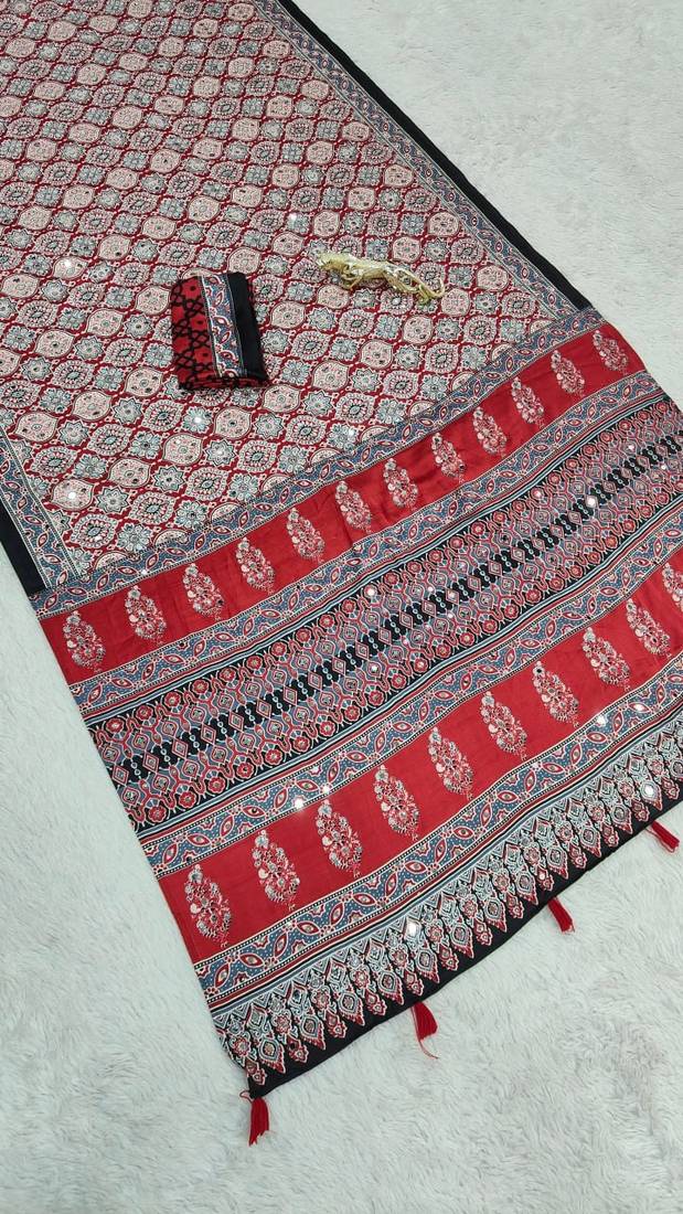 Red Color Mirror And  Latkan Pallu Border Work Satin Saree