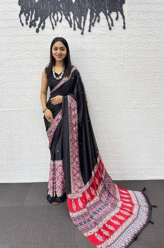 Black Color Mirror Work with Elegant Viscose Latkan Pallu Work Satin Saree