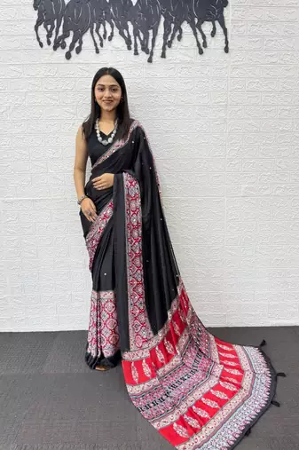 Black Color Mirror Work with Elegant Viscose Latkan Pallu Work Satin Saree