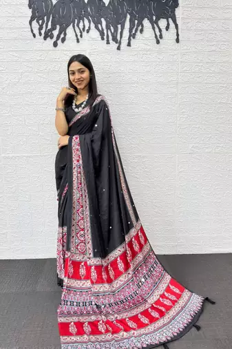 Black Color Mirror Work with Elegant Viscose Latkan Pallu Work Satin Saree