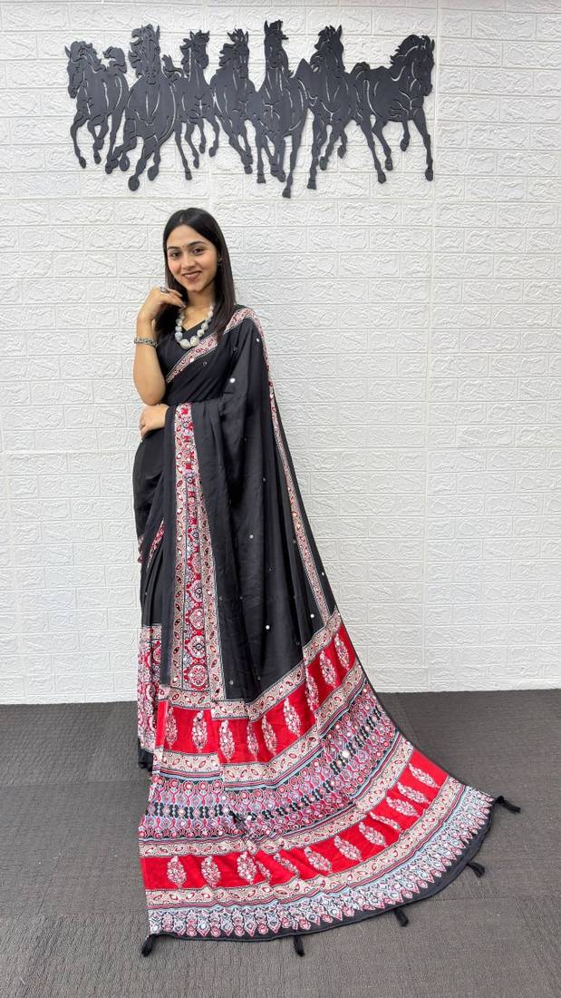 Black Color Mirror Work with Elegant Viscose Latkan Pallu Work Satin Saree