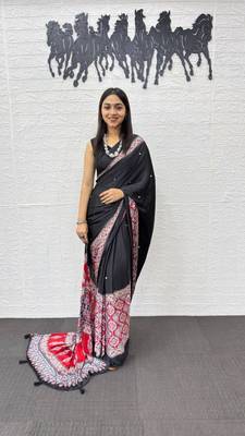 Black Color Mirror Work with Elegant Viscose Latkan Pallu Work Satin Saree 3