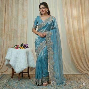 Embroidered Soft Space Silk Blue Color Saree With Blouse Set For Women's 1