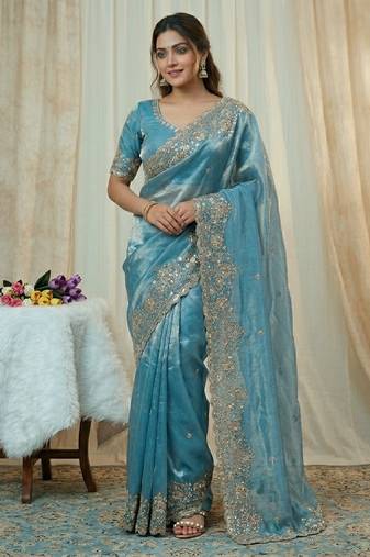Embroidered Soft Space Silk Blue Color Saree With Blouse Set For Women's