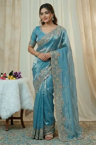 Embroidered Soft Space Silk Blue Color Saree With Blouse Set For Women's