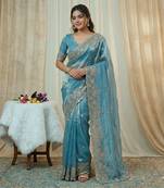 Embroidered Soft Space Silk Blue Color Saree With Blouse Set For Women's