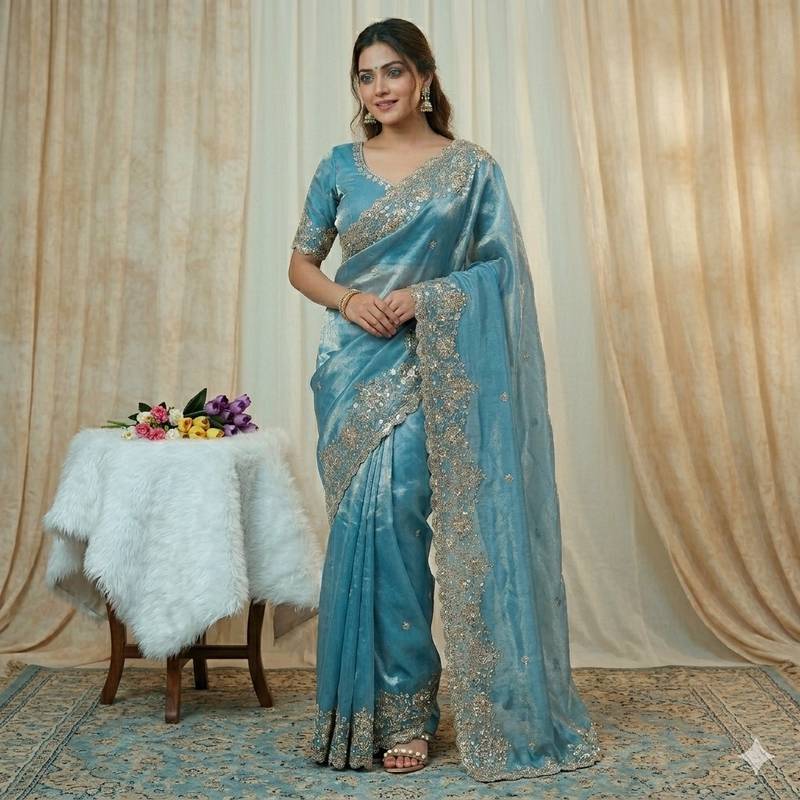 Embroidered Soft Space Silk Blue Color Saree With Blouse Set For Women's