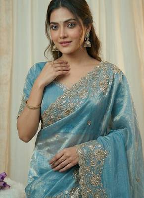 Embroidered Soft Space Silk Blue Color Saree With Blouse Set For Women's 2