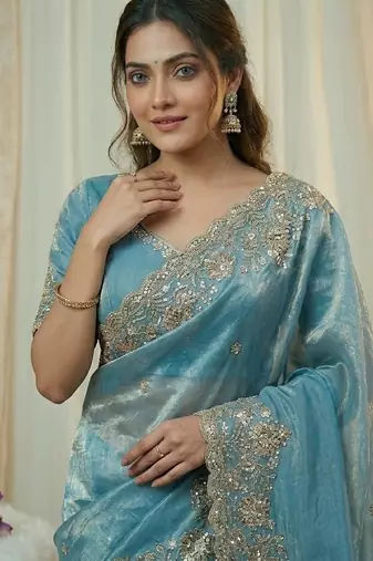Embroidered Soft Space Silk Blue Color Saree With Blouse Set For Women's