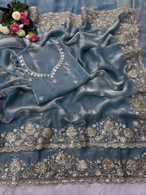 Embroidered Soft Space Silk Blue Color Saree With Blouse Set For Women's 3