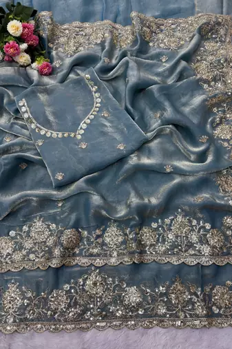 Embroidered Soft Space Silk Blue Color Saree With Blouse Set For Women's