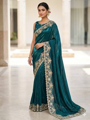 Embroidered Soft Space Silk Green Color Saree With Blouse Set For Women's 1