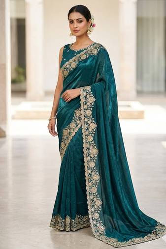 Embroidered Soft Space Silk Green Color Saree With Blouse Set For Women's