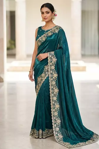 Embroidered Soft Space Silk Green Color Saree With Blouse Set For Women's