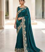 Embroidered Soft Space Silk Green Color Saree With Blouse Set For Women's