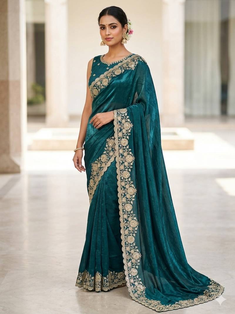Embroidered Soft Space Silk Green Color Saree With Blouse Set For Women's