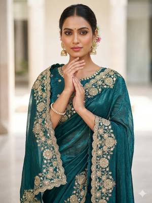 Embroidered Soft Space Silk Green Color Saree With Blouse Set For Women's 2