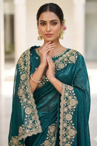 Embroidered Soft Space Silk Green Color Saree With Blouse Set For Women's