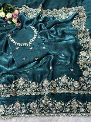 Embroidered Soft Space Silk Green Color Saree With Blouse Set For Women's 3